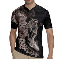 Hawaiian Tropical Plants Turtle and Shark Rugby Jersey Polynesian Art Tattoo Grayscale Color