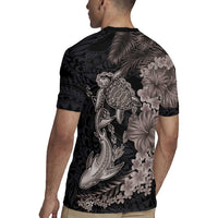 Hawaiian Tropical Plants Turtle and Shark Rugby Jersey Polynesian Art Tattoo Grayscale Color
