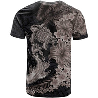 Hawaiian Tropical Plants Turtle and Shark T Shirt Polynesian Art Tattoo Grayscale Color