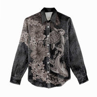 Hawaiian Tropical Plants Turtle and Shark Women Casual Shirt Polynesian Art Tattoo Grayscale Color