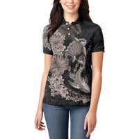 Hawaiian Tropical Plants Turtle and Shark Women Polo Shirt Polynesian Art Tattoo Grayscale Color