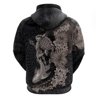 Hawaiian Tropical Plants Turtle and Shark Zip Hoodie Polynesian Art Tattoo Grayscale Color