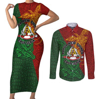 Papua New Guinea East Sepik Province Couples Matching Short Sleeve Bodycon Dress and Long Sleeve Button Shirt Tribal Crocodile Birds of Paradise Melanesian Tattoo