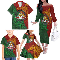 Papua New Guinea East Sepik Province Family Matching Off The Shoulder Long Sleeve Dress and Hawaiian Shirt Tribal Crocodile Birds of Paradise Melanesian Tattoo