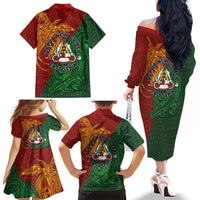 Papua New Guinea East Sepik Province Family Matching Off The Shoulder Long Sleeve Dress and Hawaiian Shirt Tribal Crocodile Birds of Paradise Melanesian Tattoo