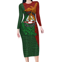 Papua New Guinea East Sepik Province Long Sleeve Bodycon Dress Tribal Crocodile Birds of Paradise Melanesian Tattoo