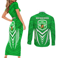Kimbe Cutters Rugby Couples Matching Short Sleeve Bodycon Dress and Long Sleeve Button Shirts Papua New Guinea Polynesian Tattoo Green Version LT03 - Polynesian Pride