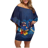 Polynesian Scuba Diving Family Matching Off Shoulder Short Dress and Hawaiian Shirt Honu with Hibiscus and Plumeria Flower and Tapa Tribal Pattern