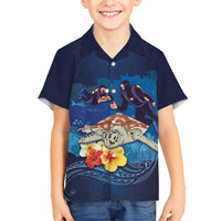 Polynesian Scuba Diving Family Matching Short Sleeve Bodycon Dress and Hawaiian Shirt Honu with Hibiscus and Plumeria Flower and Tapa Tribal Pattern