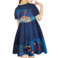 Polynesian Scuba Diving Kid Short Sleeve Dress Honu with Hibiscus and Plumeria Flower and Tapa Tribal Pattern