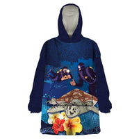 Polynesian Scuba Diving Wearable Blanket Hoodie Honu with Hibiscus and Plumeria Flower and Tapa Tribal Pattern