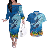 Polynesian Scuba Diving Couples Matching Off The Shoulder Long Sleeve Dress and Hawaiian Shirt Beauty Corals with Underwater and Polynesian Pattern