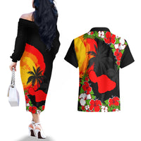 Hawaii Maui Island Couples Matching Off The Shoulder Long Sleeve Dress and Hawaiian Shirt Maui Map With Tropical Forest Sunset Vibe LT03 - Polynesian Pride