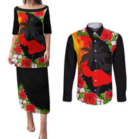 Hawaii Maui Island Couples Matching Puletasi Dress and Long Sleeve Button Shirts Maui Map With Tropical Forest Sunset Vibe LT03 Black - Polynesian Pride