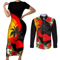 Custom Hawaii Maui Island Couples Matching Short Sleeve Bodycon Dress and Long Sleeve Button Shirts Maui Map With Tropical Forest Sunset Vibe LT03 Black - Polynesian Pride