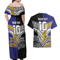 Custom Rugby Niue and Aotearoa Couples Matching Off Shoulder Maxi Dress and Hawaiian Shirt Hiapo with Maori Moko Tribal Heritage Tattoos - Polynesian Pride