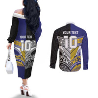 Custom Rugby Niue and Aotearoa Couples Matching Off The Shoulder Long Sleeve Dress and Long Sleeve Button Shirt Hiapo with Maori Moko Tribal Heritage Tattoos - Polynesian Pride