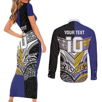 Custom Rugby Niue and Aotearoa Couples Matching Short Sleeve Bodycon Dress and Long Sleeve Button Shirt Hiapo with Maori Moko Tribal Heritage Tattoos - Polynesian Pride