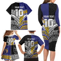 Custom Rugby Niue and Aotearoa Family Matching Long Sleeve Bodycon Dress and Hawaiian Shirt Hiapo with Maori Moko Tribal Heritage Tattoos - Polynesian Pride