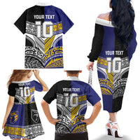 Custom Rugby Niue and Aotearoa Family Matching Off The Shoulder Long Sleeve Dress and Hawaiian Shirt Hiapo with Maori Moko Tribal Heritage Tattoos - Polynesian Pride