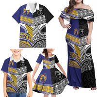 Custom Rugby Niue and Aotearoa Family Matching Off Shoulder Maxi Dress and Hawaiian Shirt Hiapo with Maori Moko Tribal Heritage Tattoos - Polynesian Pride