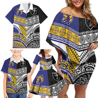 Custom Rugby Niue and Aotearoa Family Matching Off Shoulder Short Dress and Hawaiian Shirt Hiapo with Maori Moko Tribal Heritage Tattoos - Polynesian Pride