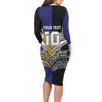 Custom Rugby Niue and Aotearoa Long Sleeve Bodycon Dress Hiapo with Maori Moko Tribal Heritage Tattoos - Polynesian Pride