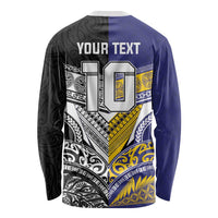 Custom Rugby Niue and Aotearoa Long Sleeve Shirt Hiapo with Maori Moko Tribal Heritage Tattoos - Polynesian Pride