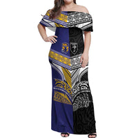 Custom Rugby Niue and Aotearoa Off Shoulder Maxi Dress Hiapo with Maori Moko Tribal Heritage Tattoos - Polynesian Pride