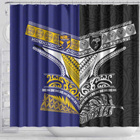 Rugby Niue and Aotearoa Shower Curtain Hiapo with Maori Moko Tribal Heritage Tattoos - Polynesian Pride