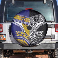 Rugby Niue and Aotearoa Spare Tire Cover Hiapo with Maori Moko Tribal Heritage Tattoos - Polynesian Pride