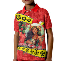 Hawaii Christmas Kid Polo Shirt Hula Girl Hibiscus With Hawaiian Style Tribal Fabric Patchwork LT03 Kid Red - Polynesian Pride