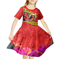 Hawaii Christmas Kid Short Sleeve Dress Hula Girl Hibiscus With Hawaiian Style Tribal Fabric Patchwork LT03 - Polynesian Pride
