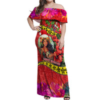 Hawaii Christmas Off Shoulder Maxi Dress Hula Girl Hibiscus With Hawaiian Style Tribal Fabric Patchwork LT03 Women Red - Polynesian Pride