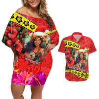 Personalised Hawaii Christmas Couples Matching Off Shoulder Short Dress and Hawaiian Shirt Hula Girl Hibiscus With Hawaiian Style Tribal Fabric Patchwork LT03 Red - Polynesian Pride