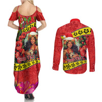 Personalised Hawaii Christmas Couples Matching Summer Maxi Dress and Long Sleeve Button Shirt Hula Girl Hibiscus With Hawaiian Style Tribal Fabric Patchwork LT03 - Polynesian Pride