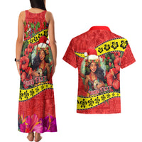 Personalised Hawaii Christmas Couples Matching Tank Maxi Dress and Hawaiian Shirt Hula Girl Hibiscus With Hawaiian Style Tribal Fabric Patchwork LT03 - Polynesian Pride