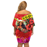 Personalised Hawaii Christmas Family Matching Off Shoulder Short Dress and Hawaiian Shirt Hula Girl Hibiscus With Hawaiian Style Tribal Fabric Patchwork LT03 - Polynesian Pride