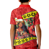 Personalised Hawaii Christmas Kid Polo Shirt Hula Girl Hibiscus With Hawaiian Style Tribal Fabric Patchwork LT03 - Polynesian Pride