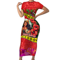 Personalised Hawaii Christmas Short Sleeve Bodycon Dress Hula Girl Hibiscus With Hawaiian Style Tribal Fabric Patchwork LT03 Long Dress Red - Polynesian Pride