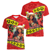 Personalised Hawaii Christmas Women V Neck T Shirt Hula Girl Hibiscus With Hawaiian Style Tribal Fabric Patchwork LT03 - Polynesian Pride