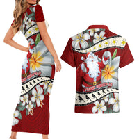Tahiti Christmas Couples Matching Short Sleeve Bodycon Dress and Hawaiian Shirt Tiare Flowers and Pomarea Nigra with Polynesian Pattern LT03 - Polynesian Pride