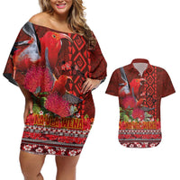 Hawaii KaʻUla Wena ʻIʻiwi Couples Matching Off Shoulder Short Dress and Hawaiian Shirt With Tropical Plants and 'Ohi'a lehua Kakau Art Tattoo