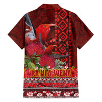 Hawaii KaʻUla Wena ʻIʻiwi Family Matching Off The Shoulder Long Sleeve Dress and Hawaiian Shirt With Tropical Plants and 'Ohi'a lehua Kakau Art Tattoo