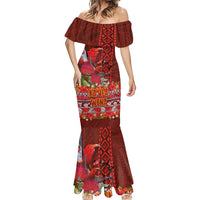 Hawaii KaʻUla Wena ʻIʻiwi Mermaid Dress With Tropical Plants and 'Ohi'a lehua Kakau Art Tattoo