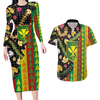 Hawaiian Tropical Plants Lei Couples Matching Long Sleeve Bodycon Dress and Hawaiian Shirt Kanaka Maoli Tribal with Palaka Motifs - Polynesian Pride