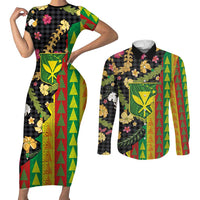 Hawaiian Tropical Plants Lei Couples Matching Short Sleeve Bodycon Dress and Long Sleeve Button Shirt Kanaka Maoli Tribal with Palaka Motifs - Polynesian Pride