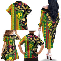 Hawaiian Tropical Plants Lei Family Matching Off The Shoulder Long Sleeve Dress and Hawaiian Shirt Kanaka Maoli Tribal with Palaka Motifs - Polynesian Pride