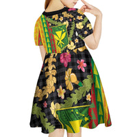 Hawaiian Tropical Plants Lei Kid Short Sleeve Dress Kanaka Maoli Tribal with Palaka Motifs - Polynesian Pride