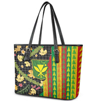 Hawaiian Tropical Plants Lei Leather Tote Bag Kanaka Maoli Tribal with Palaka Motifs LT03 - Polynesian Pride
